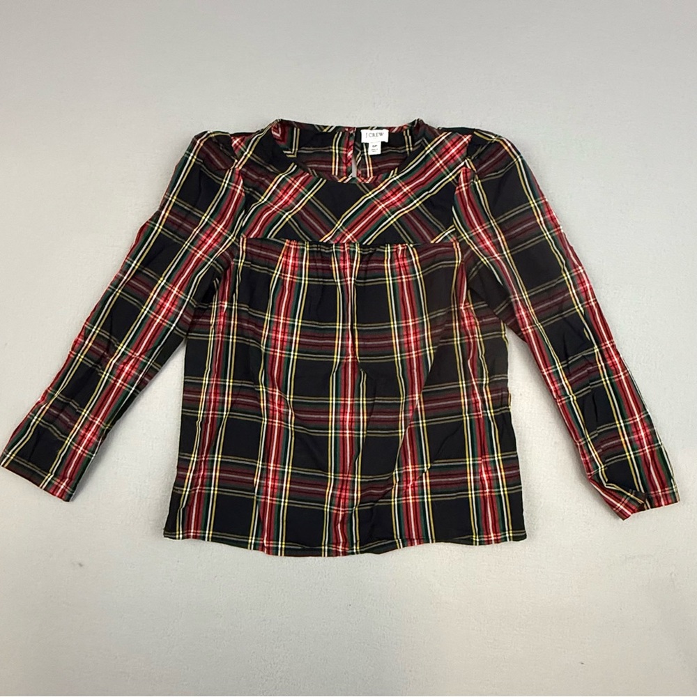 J. Crew Blouse‎ Women's Petite Small Long Sleeve Holiday Red Black Tartan Plaid